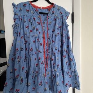 Free People Blue Floral Blouse with Red Accents